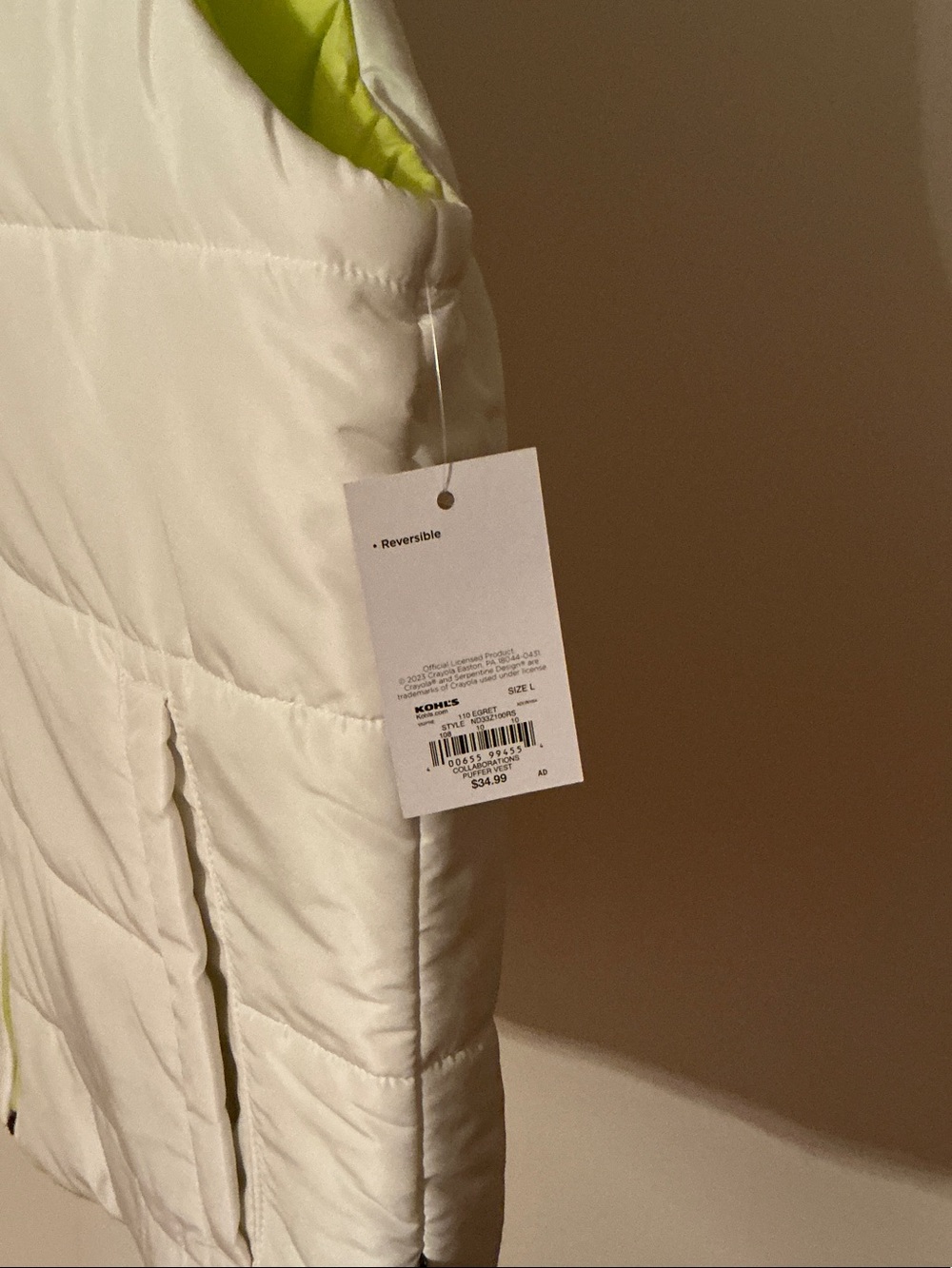 Crayola White Puffer Vest with Lime Green Lining - Picture 2 of 3